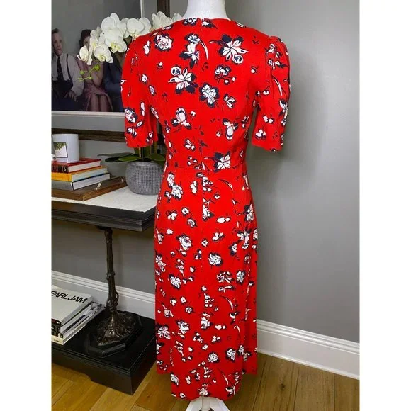 Veronica Beard Joia Red Multi Floral Print V-Neck Midi Dress Women's Size 2 - Picture 9 of 12